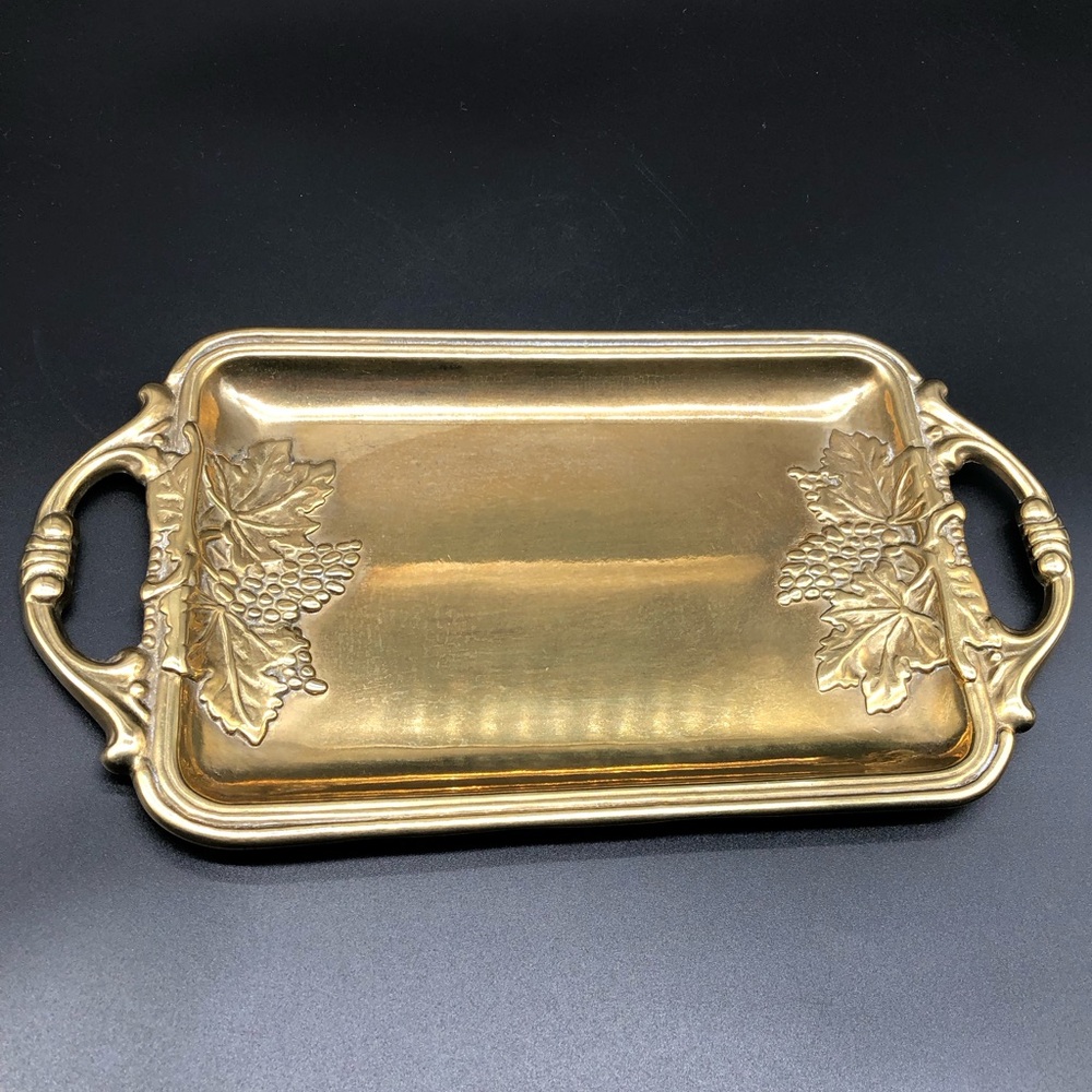 Heavy Solid Brass Tray ~ Made in Italy ~ Grapes Leaf Design Double Handled 12”
